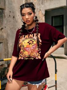 Flirla Plus Butterfly & Letter Graphic Drop Shoulder Tee - Burgundy - View 3