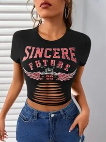SHEIN EZwear Fashionable Sexy Letter Print Hollow Out Fitted Cropped T-Shirt - Black - View 6