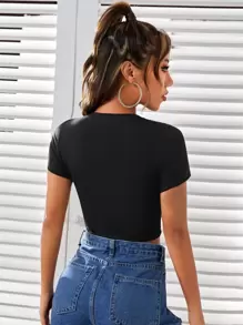 SHEIN EZwear Fashionable Sexy Letter Print Hollow Out Fitted Cropped T-Shirt - Black - View 2