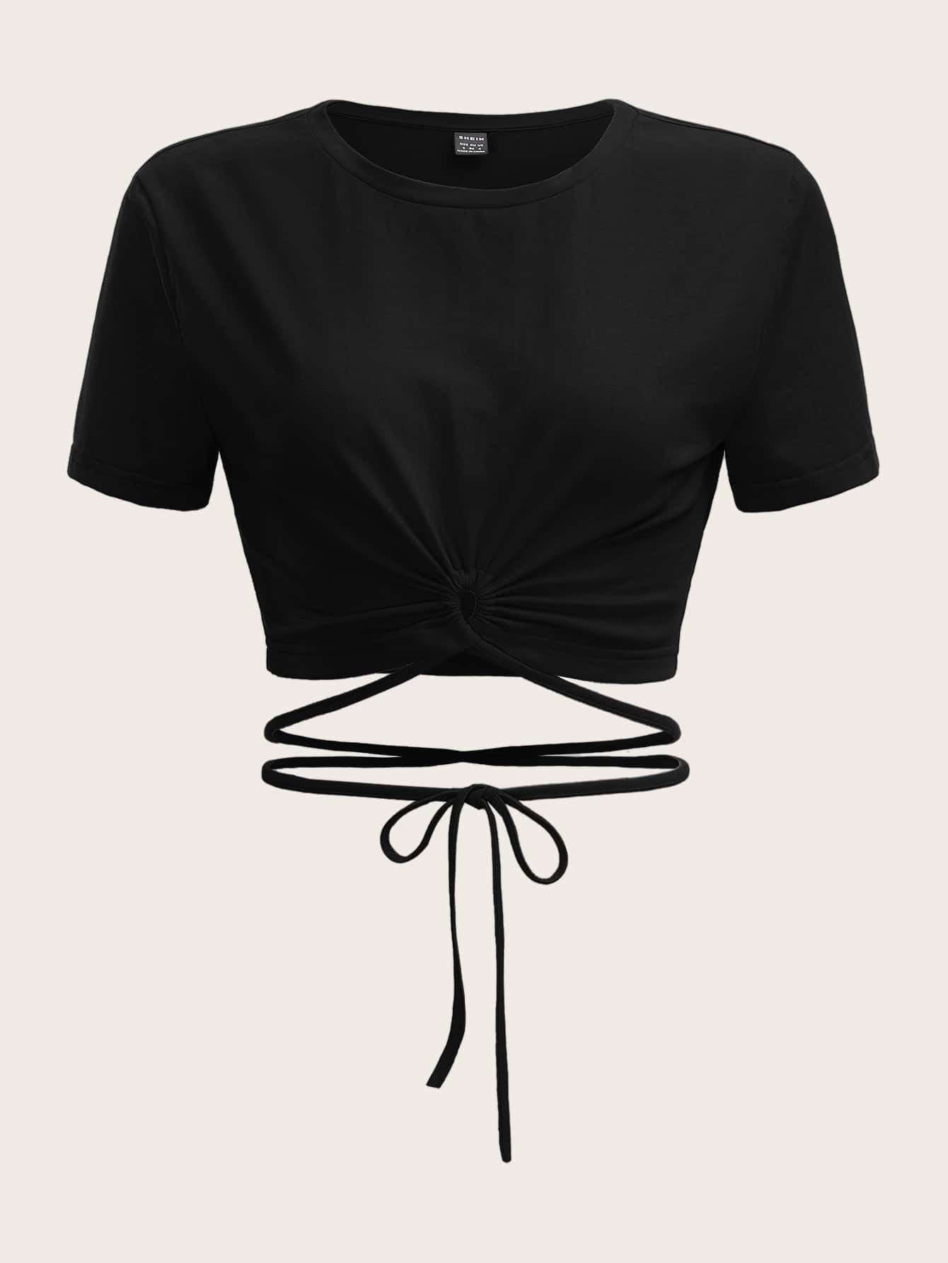 SHEIN ICON Solid Crisscross Knot Hem Crop Tee - Black - View 1