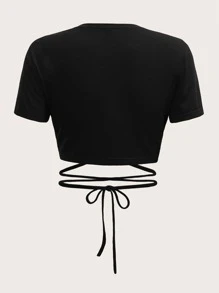 SHEIN ICON Solid Crisscross Knot Hem Crop Tee - Black - View 2