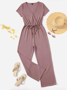 SHEIN LUNE Surplice Neck Wide Leg Jumpsuit - Dusty Pink - View 1