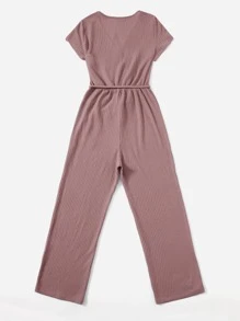 SHEIN LUNE Surplice Neck Wide Leg Jumpsuit - Dusty Pink - View 2