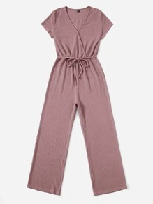 SHEIN LUNE Surplice Neck Wide Leg Jumpsuit - Dusty Pink - View 3