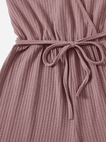 SHEIN LUNE Surplice Neck Wide Leg Jumpsuit - Dusty Pink - View 4