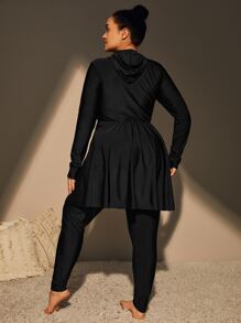 Swim Mulvari Summer Beach Plus Size Mono Burkini Set Half Zip Hooded Drawstring Full Body Burkini Top & Leggings 2 Pieces Modest Bathing SuitArabic Clothing - Black - View 2