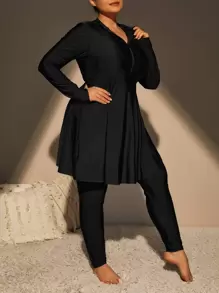 Swim Mulvari Summer Beach Plus Size Mono Burkini Set Half Zip Hooded Drawstring Full Body Burkini Top & Leggings 2 Pieces Modest Bathing SuitArabic Clothing - Black - View 5