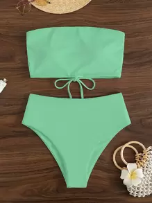Lace Up Back Bandeau Bikini Set - Mint Green - View 1