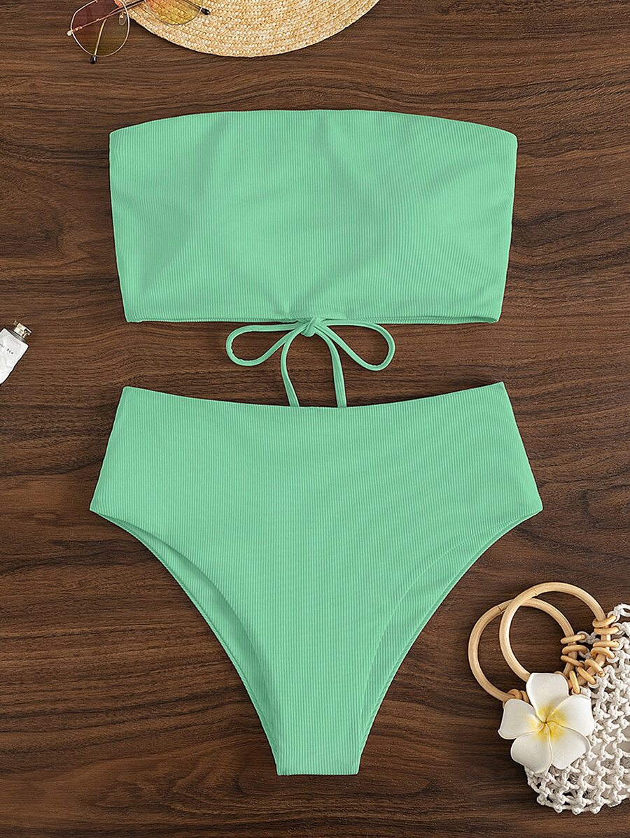 Lace Up Back Bandeau Bikini Set - Mint Green - View 1