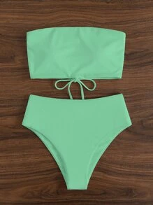 Lace Up Back Bandeau Bikini Set - Mint Green - View 3