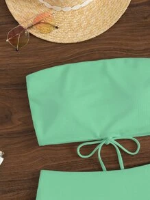 Lace Up Back Bandeau Bikini Set - Mint Green - View 5