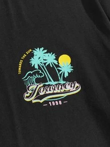 Manfinity VCAY Camiseta Floja Para Hombre Con Impresión De Palmeras Y Letras - Negro - Ver 4