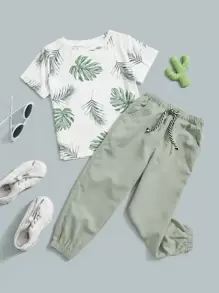 SHEIN Little Byeori Toddler Boys Tropical Print Tee & Drawstring Waist Trousers - Multicolor - View 2