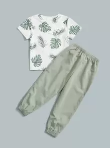 SHEIN Little Byeori Toddler Boys Tropical Print Tee & Drawstring Waist Trousers - Multicolor - View 3