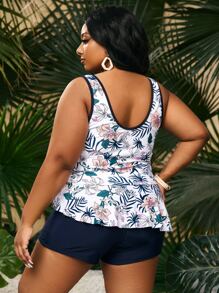 Swim Lushoire Plus Size Tropical Print Ruched Contrast Binding Ruffle Hem Tankini Summer Beach - Multicolor - View 2