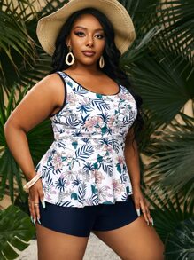 Swim Lushoire Plus Size Tropical Print Ruched Contrast Binding Ruffle Hem Tankini Summer Beach - Multicolor - View 3