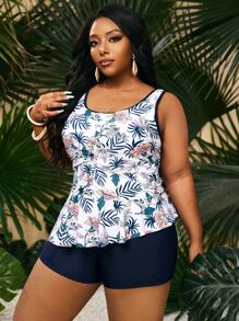 Swim Lushoire Plus Size Tropical Print Ruched Contrast Binding Ruffle Hem Tankini Summer Beach - Multicolor - View 4