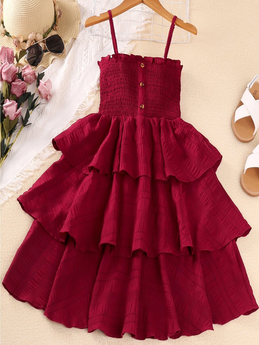 Girls Frill Trim Shirred Fake Button Layered Hem Cami Dress - Burgundy - View 1