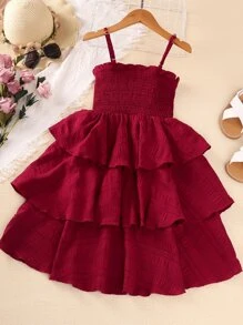 Girls Frill Trim Shirred Fake Button Layered Hem Cami Dress - Burgundy - View 2