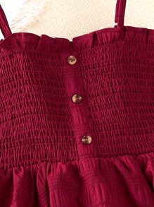 Girls Frill Trim Shirred Fake Button Layered Hem Cami Dress - Burgundy - View 3