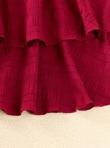 Girls Frill Trim Shirred Fake Button Layered Hem Cami Dress - Burgundy - View 5