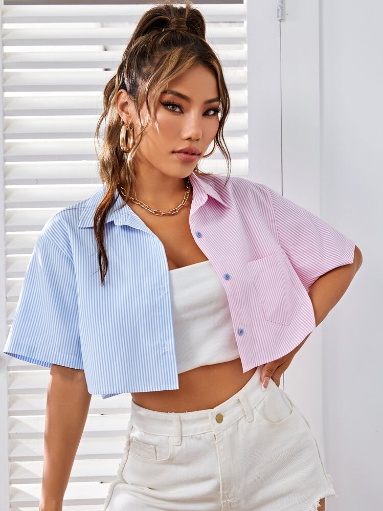 【YOURNUS】Pinto Stripe Crop Shirt Striped Two Tone Crop Shirt | SHEIN USA