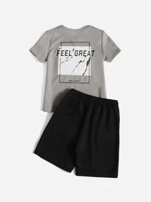 SHEIN Chico Pre-adolescente Camiseta Con Lema Y Shorts Con Cordón En La Cintura - Multicolor - Ver 2