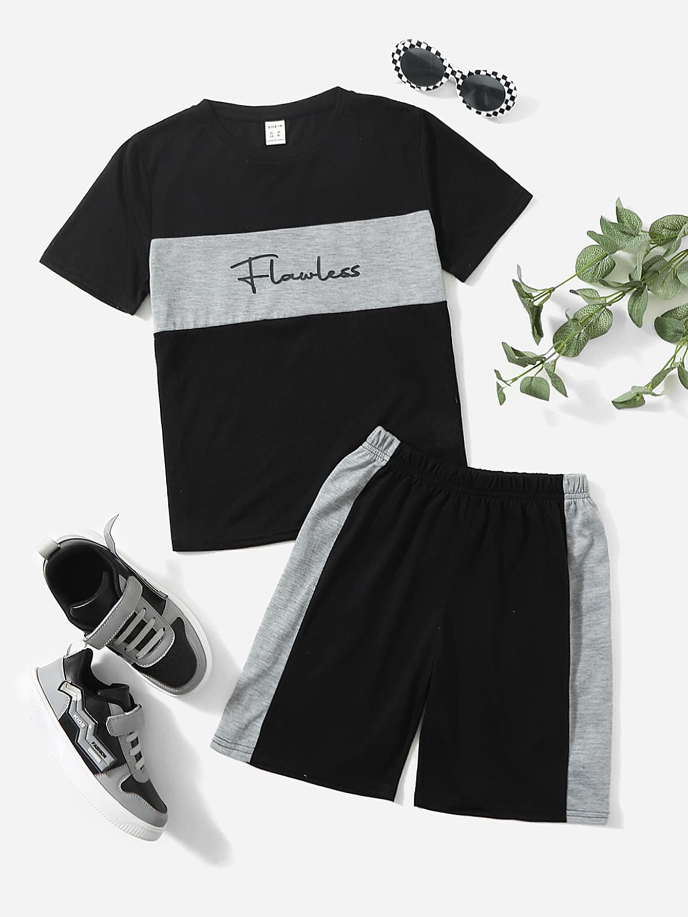 SHEIN 青少年男孩彩色块字母印花 T 恤和短裤套装 - 彩色 - 查看 1