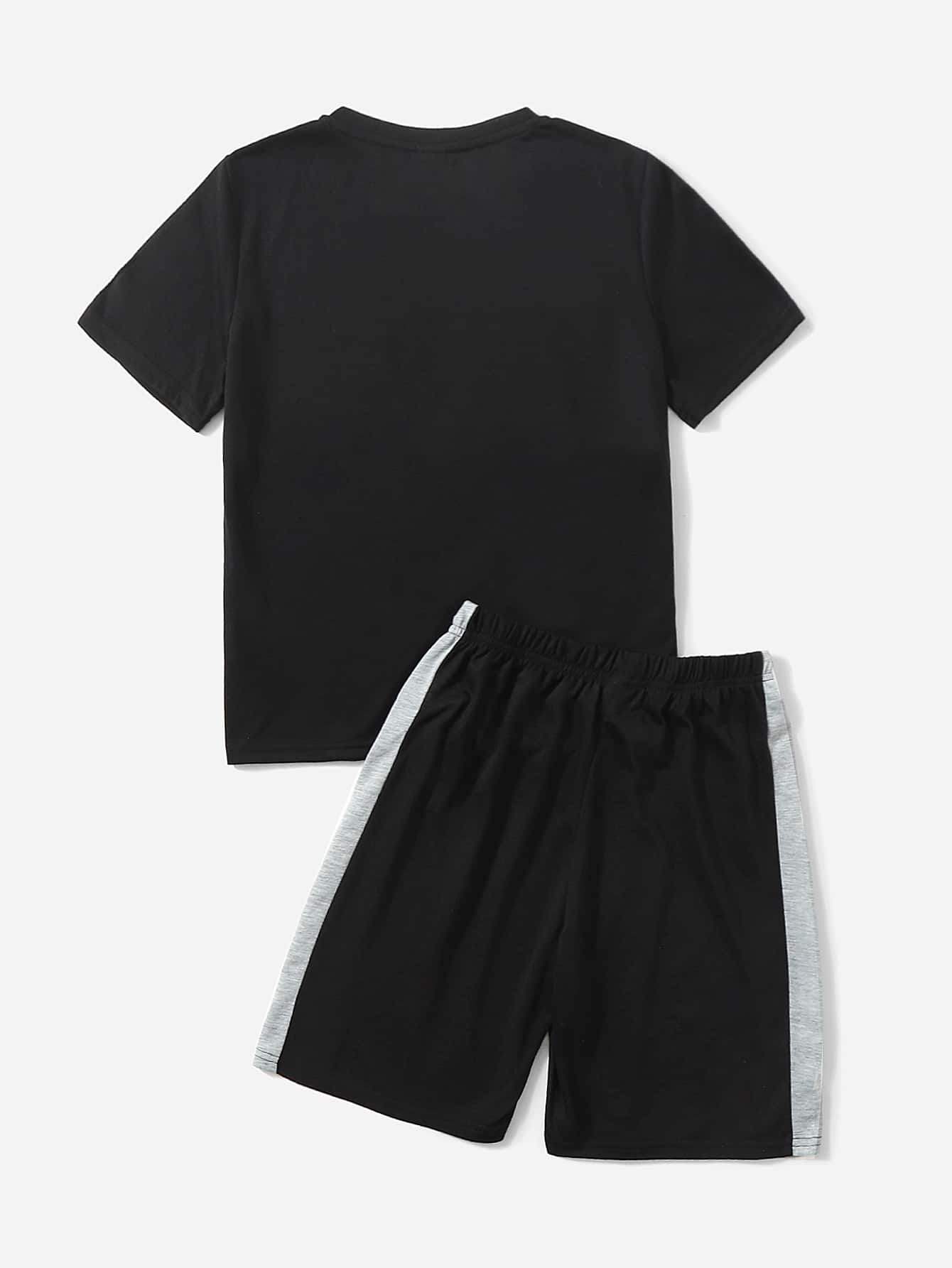 SHEIN 青少年男孩彩色块字母印花 T 恤和短裤套装 - 彩色 - 查看 2