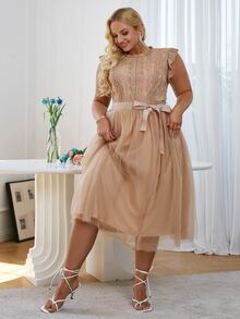 Simplee Plus Contrast Lace Butterfly Sleeve Mesh Hem Belted Dress - Apricot - View 5