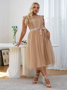 Simplee Plus Contrast Lace Butterfly Sleeve Mesh Hem Belted Dress - Apricot - View 4