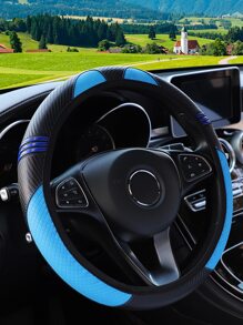 撞色PU皮革汽車方向盤套 - 藍色 - 查看 2