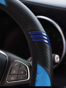 撞色PU皮革汽車方向盤套 - 藍色 - 查看 6