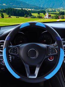 撞色PU皮革汽車方向盤套 - 藍色 - 查看 7