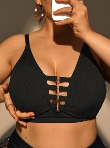 Celure 大碼羅紋針織金屬圓環鏤空比基尼泳裝上衣 - 黑色 - 查看 1