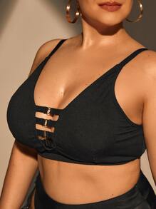 Celure 大碼羅紋針織金屬圓環鏤空比基尼泳裝上衣 - 黑色 - 查看 3