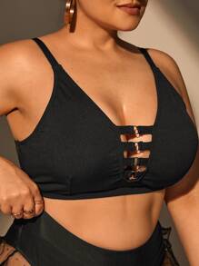 Celure 大碼羅紋針織金屬圓環鏤空比基尼泳裝上衣 - 黑色 - 查看 4