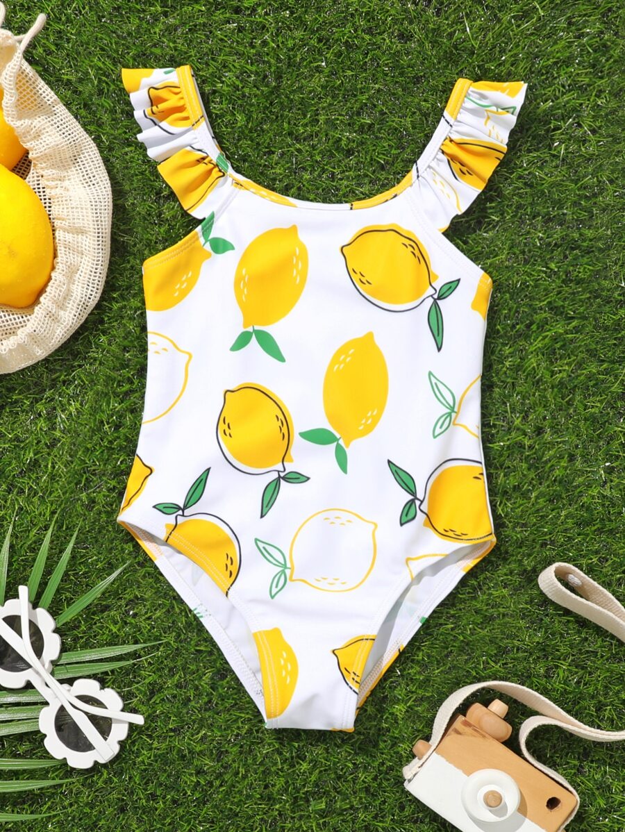 Baby Random Lemon Print ruffle Trim One Piece Swimsuit - White - View 1