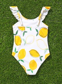 Baby Random Lemon Print ruffle Trim One Piece Swimsuit - White - View 2