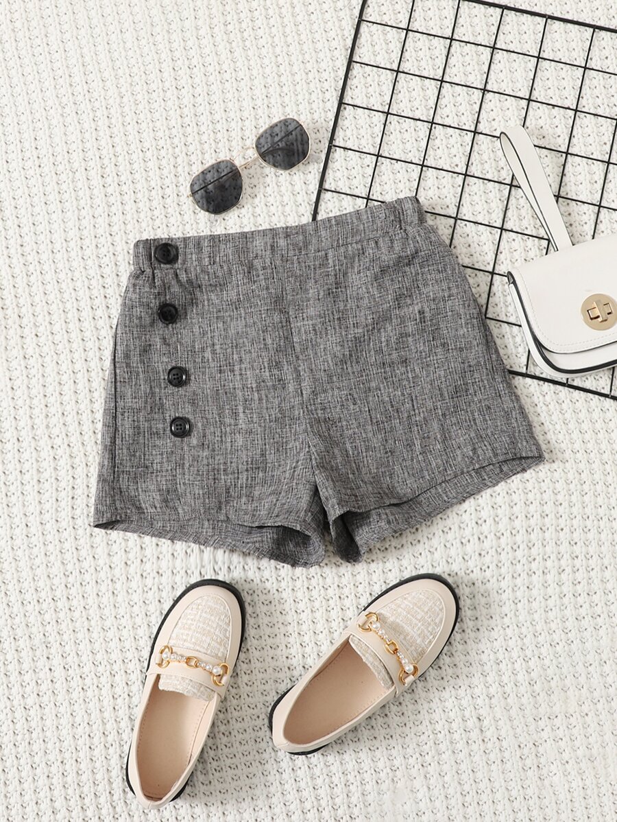 SHEIN Tween Girl Casual Quality Mixed-Color Solid Color Button-Front Straight Shorts - Grey - View 1