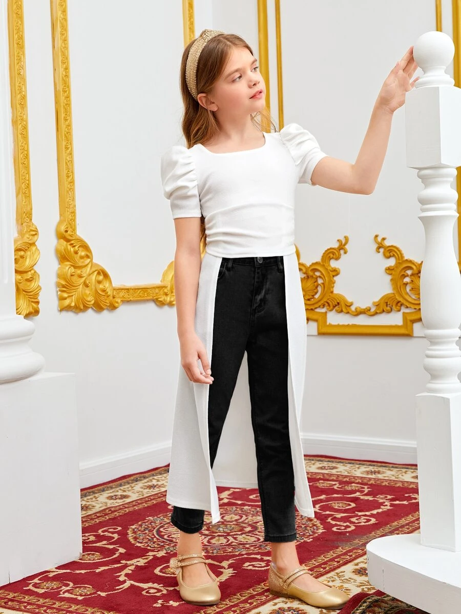 SHEIN Girls Puff Sleeve Overlay Tee - White - View 1