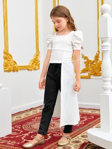 SHEIN Girls Puff Sleeve Overlay Tee - White - View 3