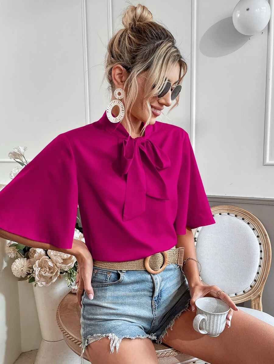Breezaya Tie Neck Flounce Sleeve Blouse
