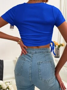 SHEIN LUNE Áo thun nữ Dây kéo Thắt nút Xù Gân đan màu trơn Giải trí - Xanh đậm - Xem 2
