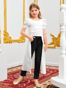 SHEIN Girls Puff Sleeve Overlay Tee - White - View 4