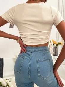 SHEIN LUNE Ruched Drawstring Knot Rib-knit Crop Tee - Apricot - View 2