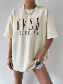 Flirla Camiseta gráfica de mujer con cuello de caída y bordado de letra - Beis - Ver 4