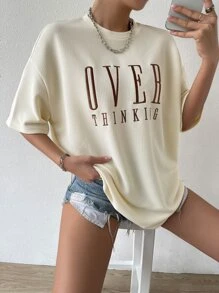 Flirla Camiseta gráfica de mujer con cuello de caída y bordado de letra - Beis - Ver 5