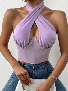 SHEIN SXY 薄透網紗鏤空綁結露背上衣 - 紫丁香色 - 查看 1