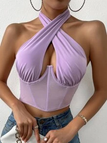 SHEIN SXY 薄透網紗鏤空綁結露背上衣 - 紫丁香色 - 查看 3